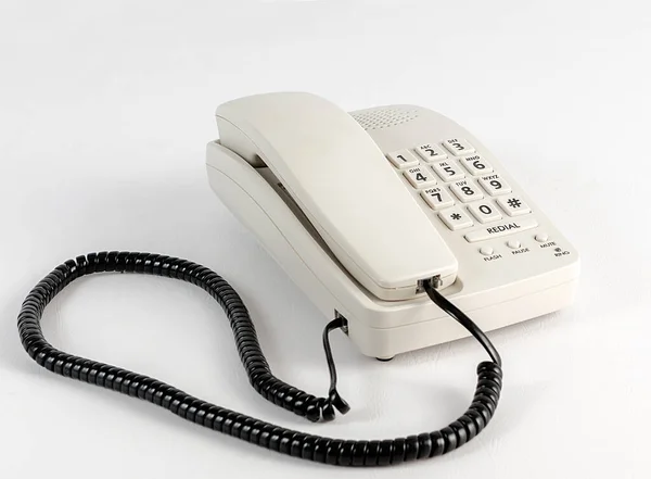 Telefono Bianco Con Cavo Nero Sfondo Bianco — Foto Stock