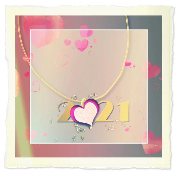 バレンタインデー2021年ヴィンテージのコラージュ ハート パステルカラーの数字2021年 紙の心 ピンクの心 グランジスタイルでネックレス 3Dイラスト — ストック写真