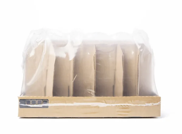 Kartonová Krabička Hnědého Vlnitého Papíru Přepážkami Průhledném Polyethylenu Krabička Přepravu — Stock fotografie