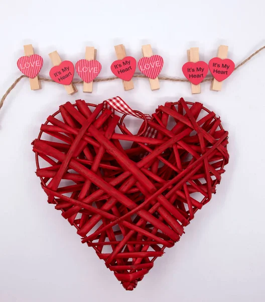 Red Hearts Large Straw Heart White Background — Stock Photo, Image