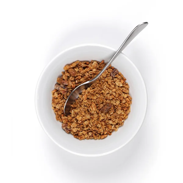 Tazón Granola Con Cuchara Sobre Fondo Blanco Con Sombra — Foto de Stock