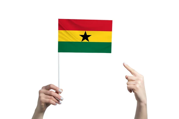 Vacker Kvinnlig Hand Håller Ghana Flagga Som Hon Visar Fingret — Stockfoto