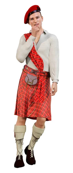 Weergave Van Een Hooglander Met Een Traditionele Schotse Kilt Geïsoleerd — Stockfoto