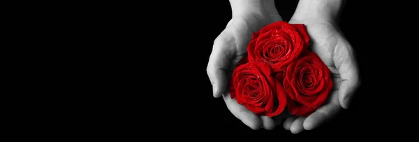 Weibliche Hände Mit Einem Roten Herz Auf Schwarzem Hintergrund — Stockfoto