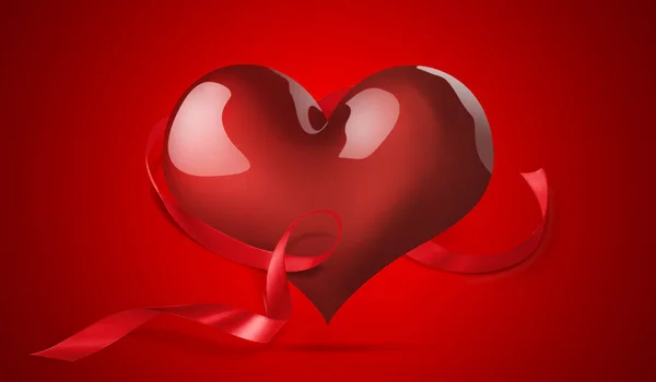 Red Heart White Ribbon Black Background — Stock Photo, Image