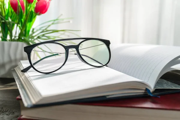 Reading Glasses Put Open Books Wooden Table Window — Stock Photo, Image