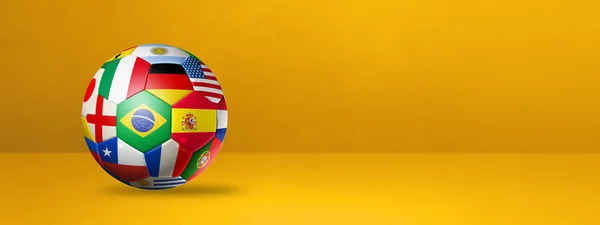 足球足球 国旗隔离在黄色的工作室横幅上 3D插图 — 图库照片