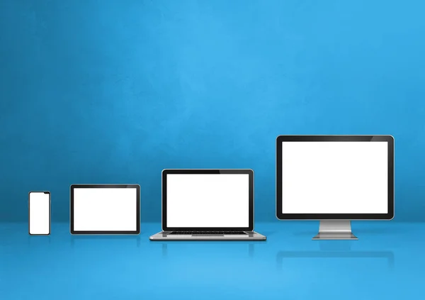 Computer Laptop Handy Und Digitaler Tablet Blauer Büroschreibtisch Hintergrund Illustration — Stockfoto