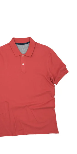 Camisa Vermelha Está Fundo Branco Isolado Layout Mockup Lugar Para — Fotografia de Stock