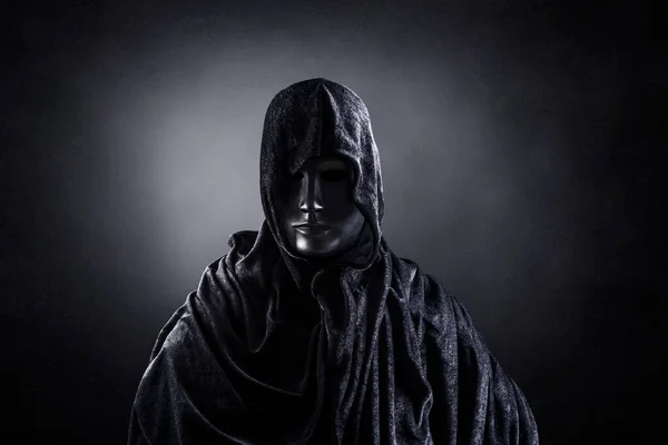 Scary Halloween Concept Man Black Hooded Hoodie Hood Looking Camera — Stock Photo, Image