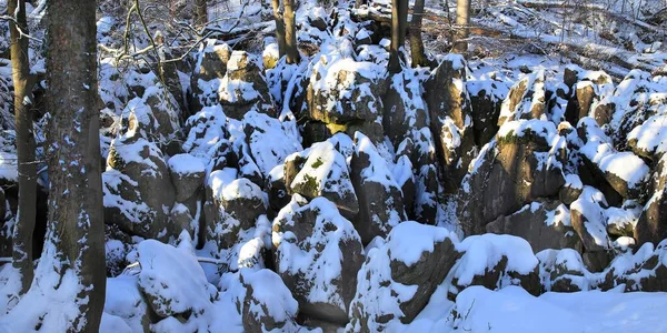 Impressing View Snow Covered Rock Formation Beeches Geotope Sea Rocks — Stock Photo, Image