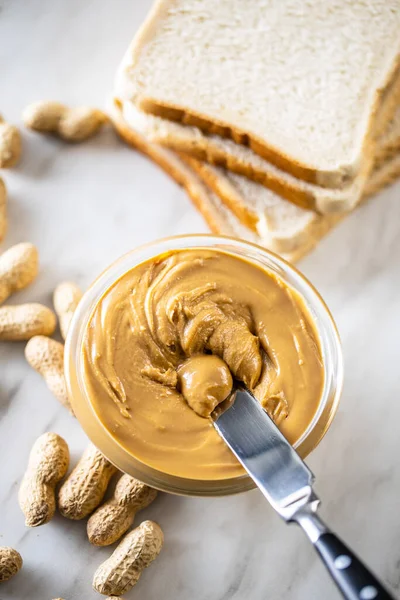 Peanut Butter Bowl Peanuts Kitchen Table Top View — Stock Photo, Image
