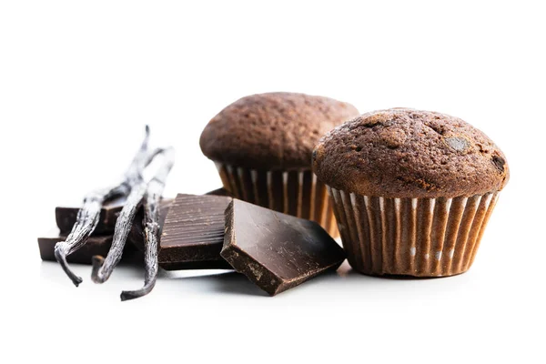 Bolos Chocolate Com Barras Chocolate Vagens Baunilha Doces Cupcakes Escuros — Fotografia de Stock
