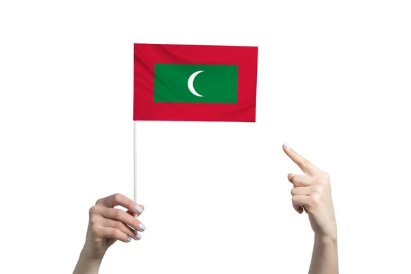 Egy Gyönyörű Női Kéz Egy Maldív Szigeteki Zászlót Tart Amihez — Stock Fotó