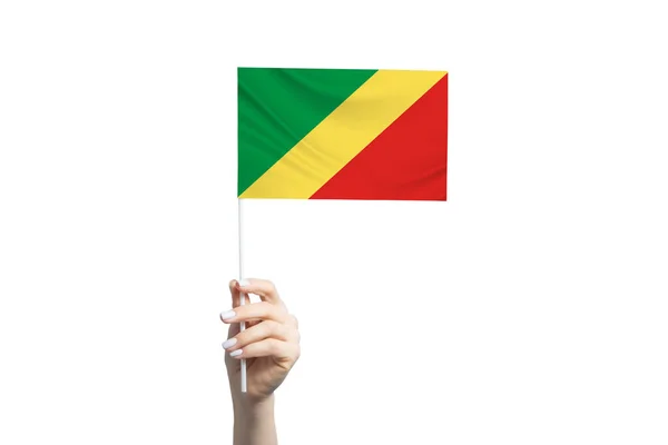 Beyaz Arka Planda Izole Edilmiş Kongo Cumhuriyeti Bayrağını Tutan Güzel — Stok fotoğraf