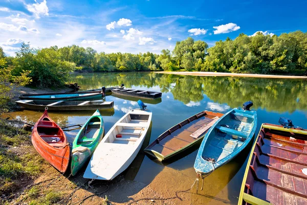 Barcos Coloridos Foz Dos Rios Drava Mura Região Podravina Croácia — Fotografia de Stock