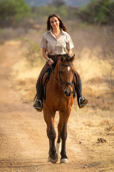 Smiling Brunette Rides Horse Dirt Track — Stock Photo, Image