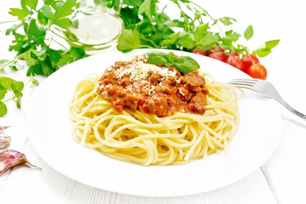 Pasta Espaguetis Con Salsa Boloñesa Carne Picada Jugo Tomate Ajo —  Fotos de Stock