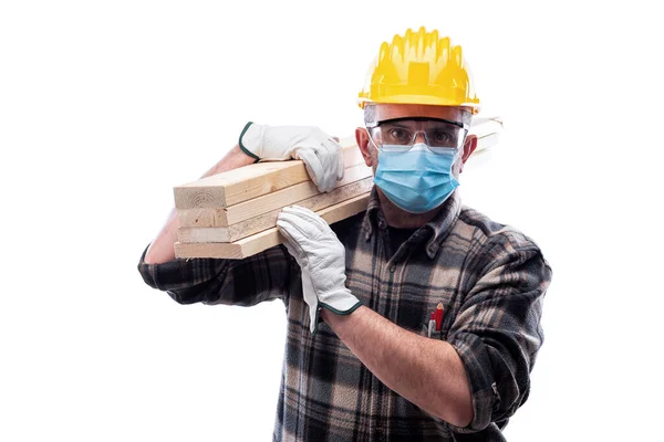Carpenter Worker Isolated White Background Wears Helmet Goggles Leather Gloves — Stock Photo, Image