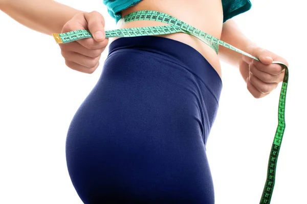 Close Fit Young Girl Measuring Her Waist Measuring Tape Isolated — Stock Photo, Image