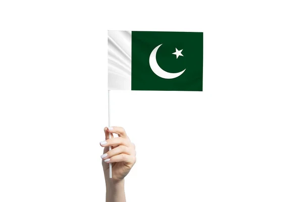 Красивая Женская Рука Флагом Пакистана Белом Фоне — стоковое фото