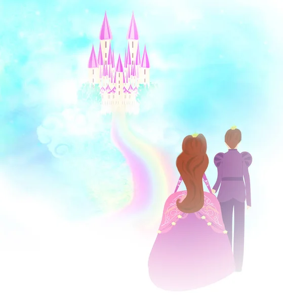 Schönes Schloss Wolken Und Prinzessin Mit Prinz — Stockfoto