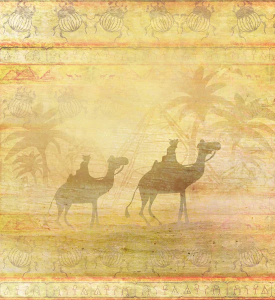 Camel Train Silhouetted Sky Crossing Sahara Desert Abstract Grunge Card — Stock Photo, Image