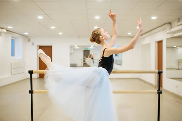 Elegante Giovane Ballerina Che Prova Alla Sbarra Classe Scuola Danza — Foto Stock