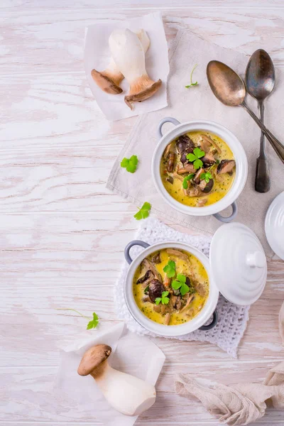 Delicious Mushroom Soup Herbs Serving Pot Wooden Table — Stock Photo, Image