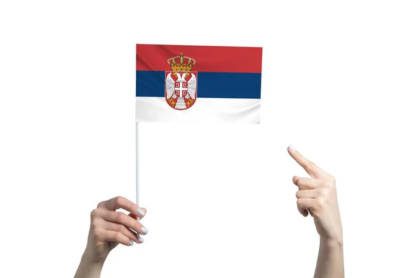 一只漂亮的雌性手拿着一面塞尔维亚国旗 另一只手拿着她的手指 与之隔离在白色背景之下 — 图库照片