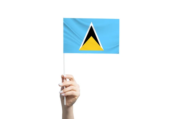 Piękna Kobieta Trzymająca Flagę Saint Lucia Odizolowana Białym Tle — Zdjęcie stockowe