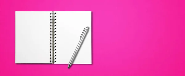 Пустая Открытая Спираль Макет Ноутбука Ручка Изолированы Розовом Горизонтальном Баннере — стоковое фото