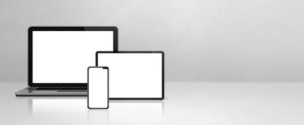 Laptop Mobile Phone Digital Tablet White Concrete Office Desk Banner — Stock Photo, Image