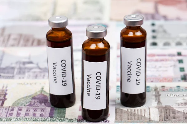 Vacina Contra Covid Fundo Dinheiro Egípcio Libra — Fotografia de Stock