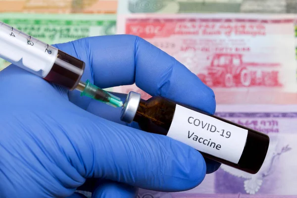 Vacina Contra Covid Contexto Dinheiro Etíope Birr — Fotografia de Stock