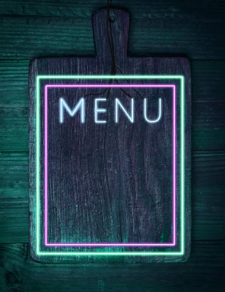 Vintage Wooden Brown Cutting Board Neon Green Pink Lights Menu — Stock Photo, Image