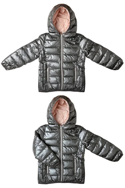 冬のジャケットは隔離された 白い背景に隔離された子供のためのスタイリッシュな居心地の良い暖かいシルバーグレーダウンジャケットの2つの異なる景色 春と秋の子供のためのファッショナブルな服 — ストック写真
