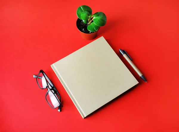 Boş Kare Kraft Kitabı Gözlükler Kırmızı Kağıt Arka Planda Kalem — Stok fotoğraf