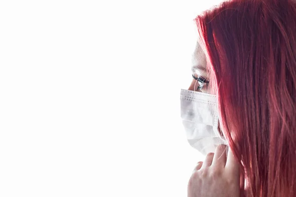 Side View Closeup Portrait Woman Medical Mask Enough Space Your — Stock Photo, Image