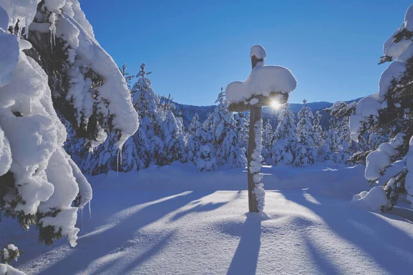在美丽而新鲜的冬日清晨 基督教木制十字架上覆盖着新雪 — 图库照片