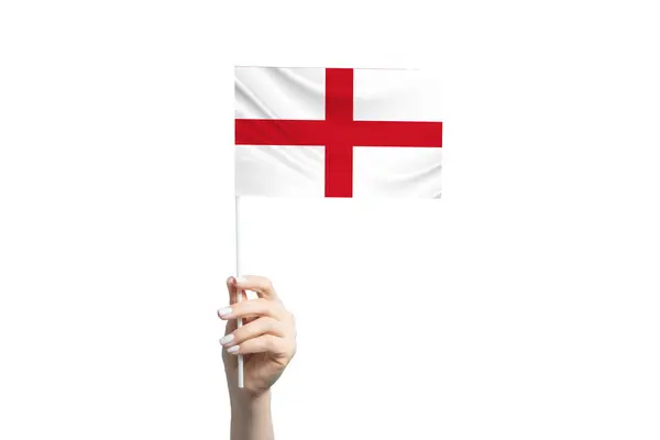Gyönyörű Női Kéz Tartja Anglia Zászló Elszigetelt Fehér Háttér — Stock Fotó