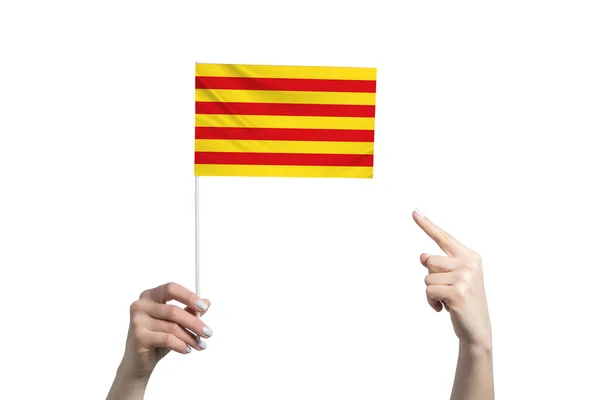 Beautiful Female Hand Holds Catalonia Flag Which She Shows Finger — Stock Photo, Image