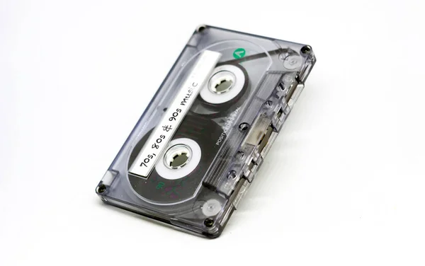 Casete Audio Transparente Con Música Los Años Escrito Etiqueta Adhesiva — Foto de Stock