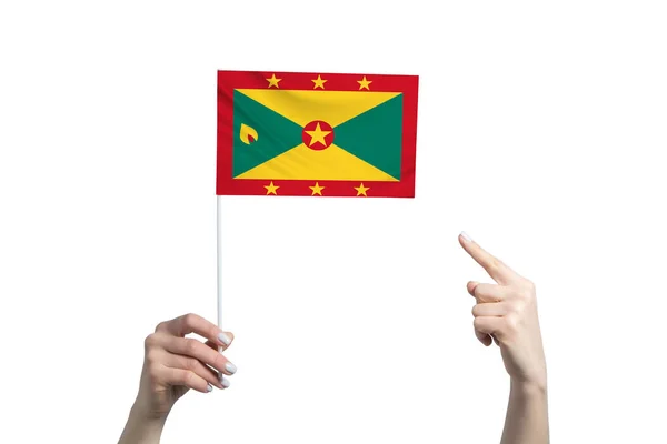 Una Bella Mano Femminile Tiene Una Bandiera Grenada Alla Quale — Foto Stock