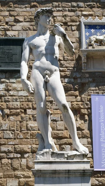 Standbeeld Van Michelangelo David Tegenover Het Palazzo Vecchio Florence Italië — Stockfoto