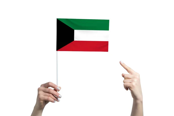 Una Hermosa Mano Femenina Sostiene Una Bandera Kuwait Que Muestra —  Fotos de Stock