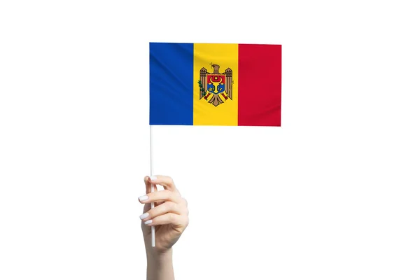 Vacker Kvinnlig Hand Håller Moldavien Flagga Isolerad Vit Bakgrund — Stockfoto