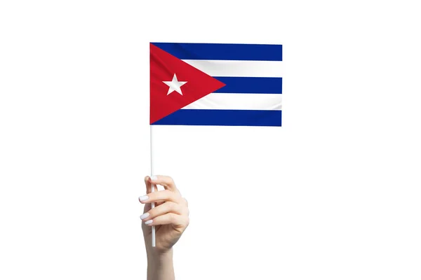 Beautiful Female Hand Holding Cuba Flag Isolated White Background — Stock Photo, Image