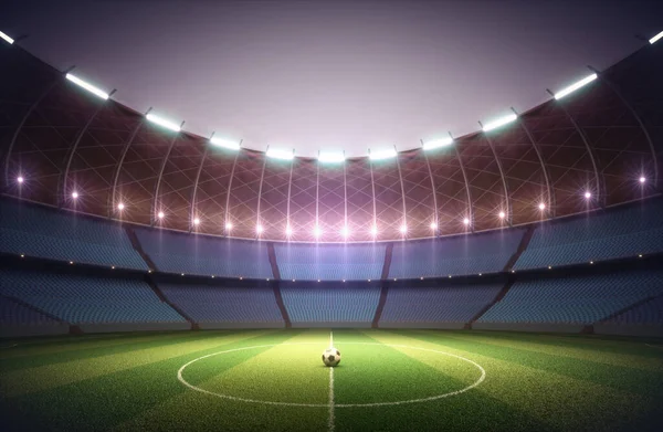 Campo Fútbol Estadio Deportivo Balón Fútbol Césped Iluminado Centro Por — Foto de Stock