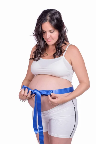 Mulher Grávida Com Laço Pano Azul Torno Sua Barriga — Fotografia de Stock